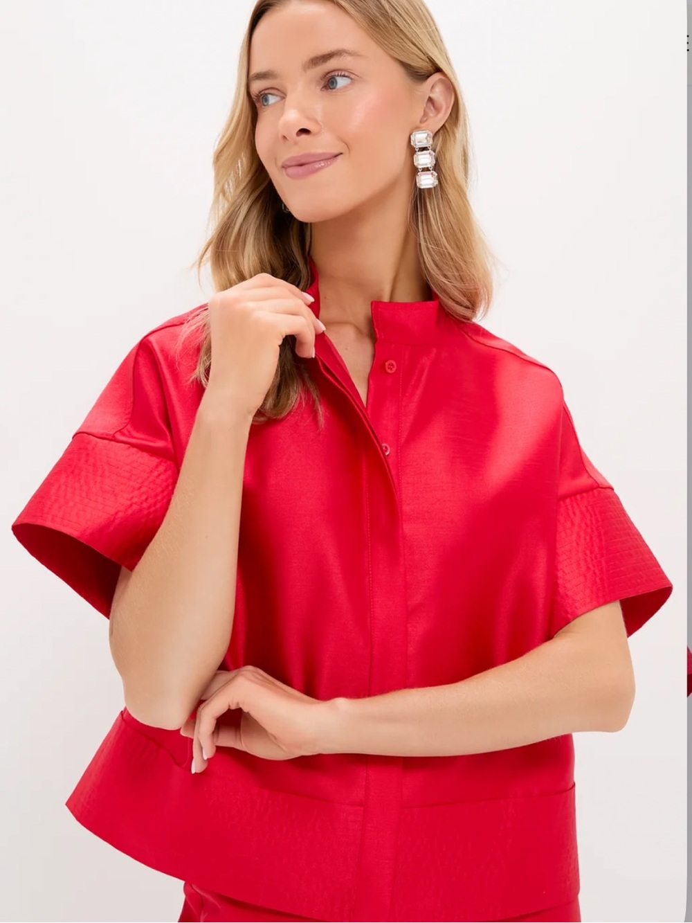 Tuckernuck Red Dupioni Trapunto Stitch Sofia Shirt Cotton Boxy